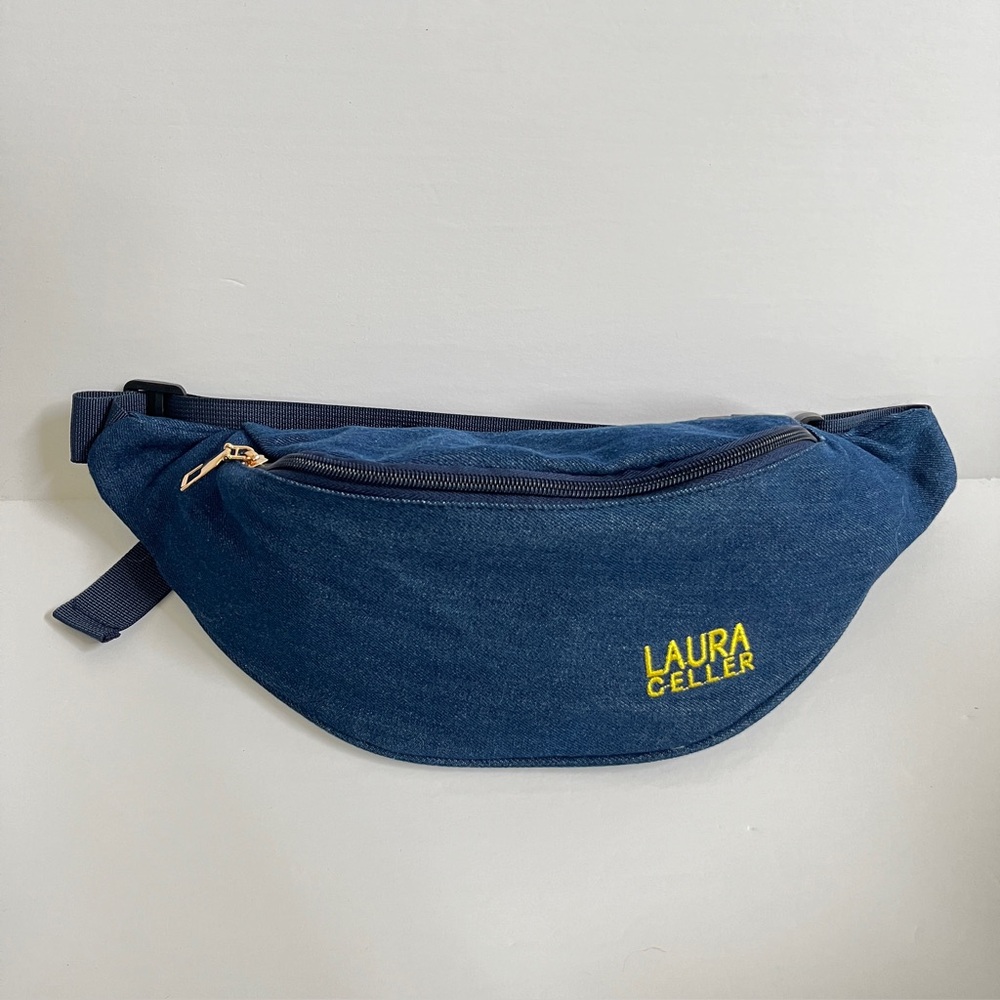 NWOT Laura Geller Navy Blue Denim Double Pocket Cosmetic Makeup Toiletry Bag